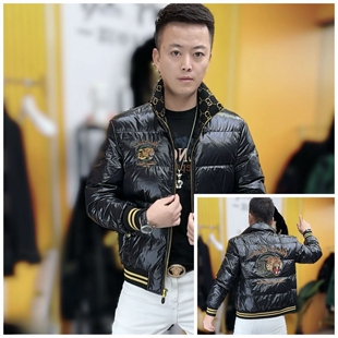 欧货冬季新款男士立领刺绣虎头羽绒服外套时尚修身保暖百搭上衣男