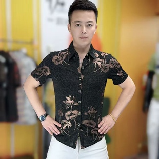 欧货夏季新款男士翻领数码印花短袖衬衣时尚修身弹力个性半袖上衣