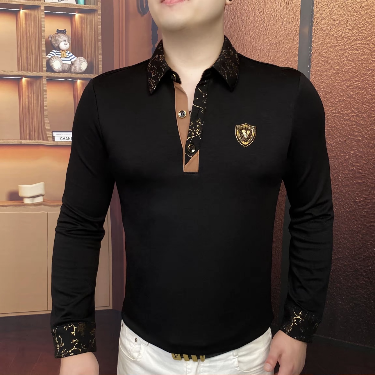 欧货秋季新款男士翻领碎花印花长袖卫衣时尚修身弹力型男打底上衣