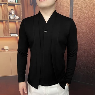 新款 弹力型男男装 男士 V领修身 上衣男 假两件套头卫衣时尚 欧货秋季
