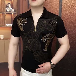 欧货夏季新款男士翻领拉链烫钻短袖POLO衫时尚百搭修身弹力短袖男