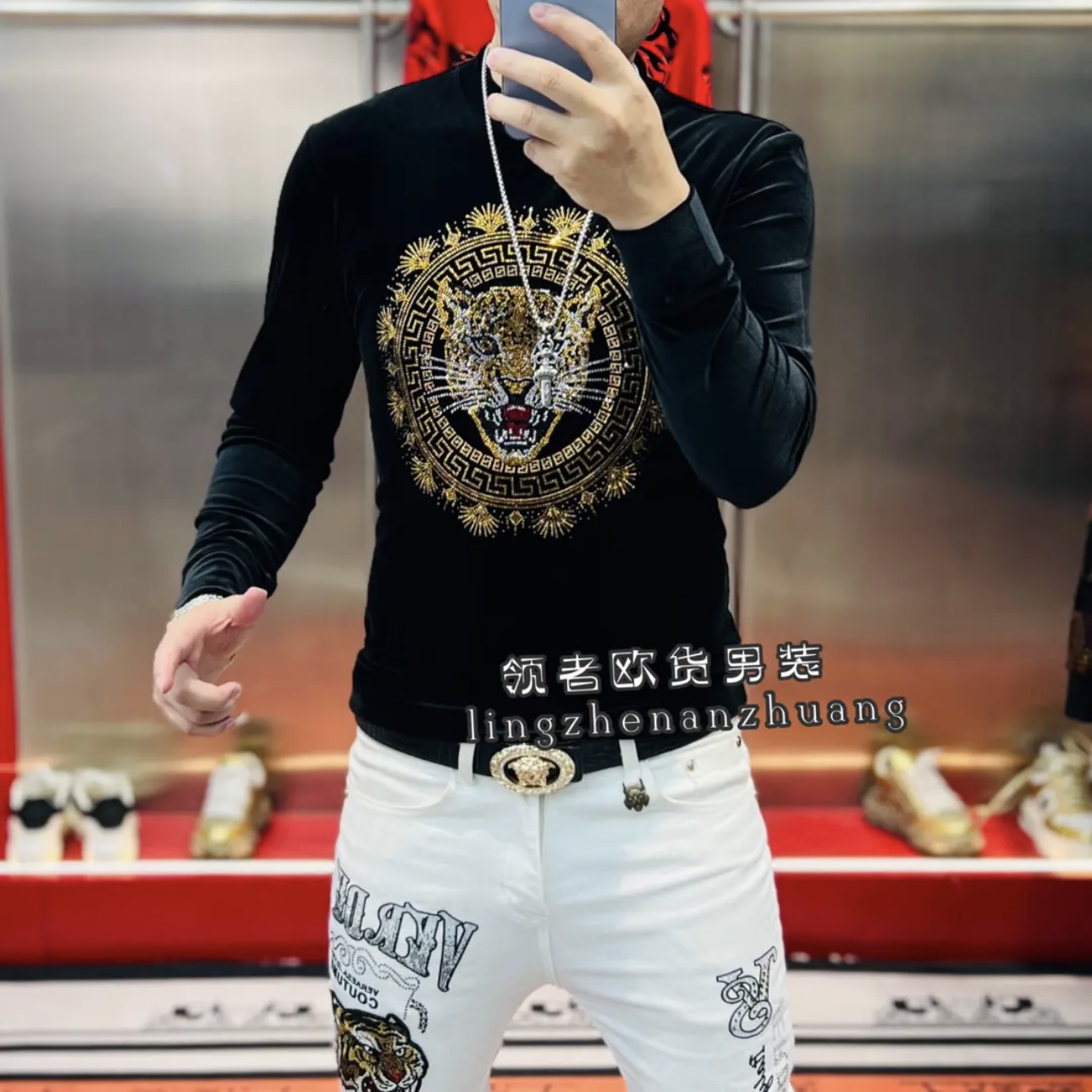 欧货秋季新款男士韩版金丝绒烫钻修身打底卫衣潮牌长袖T恤衫打底