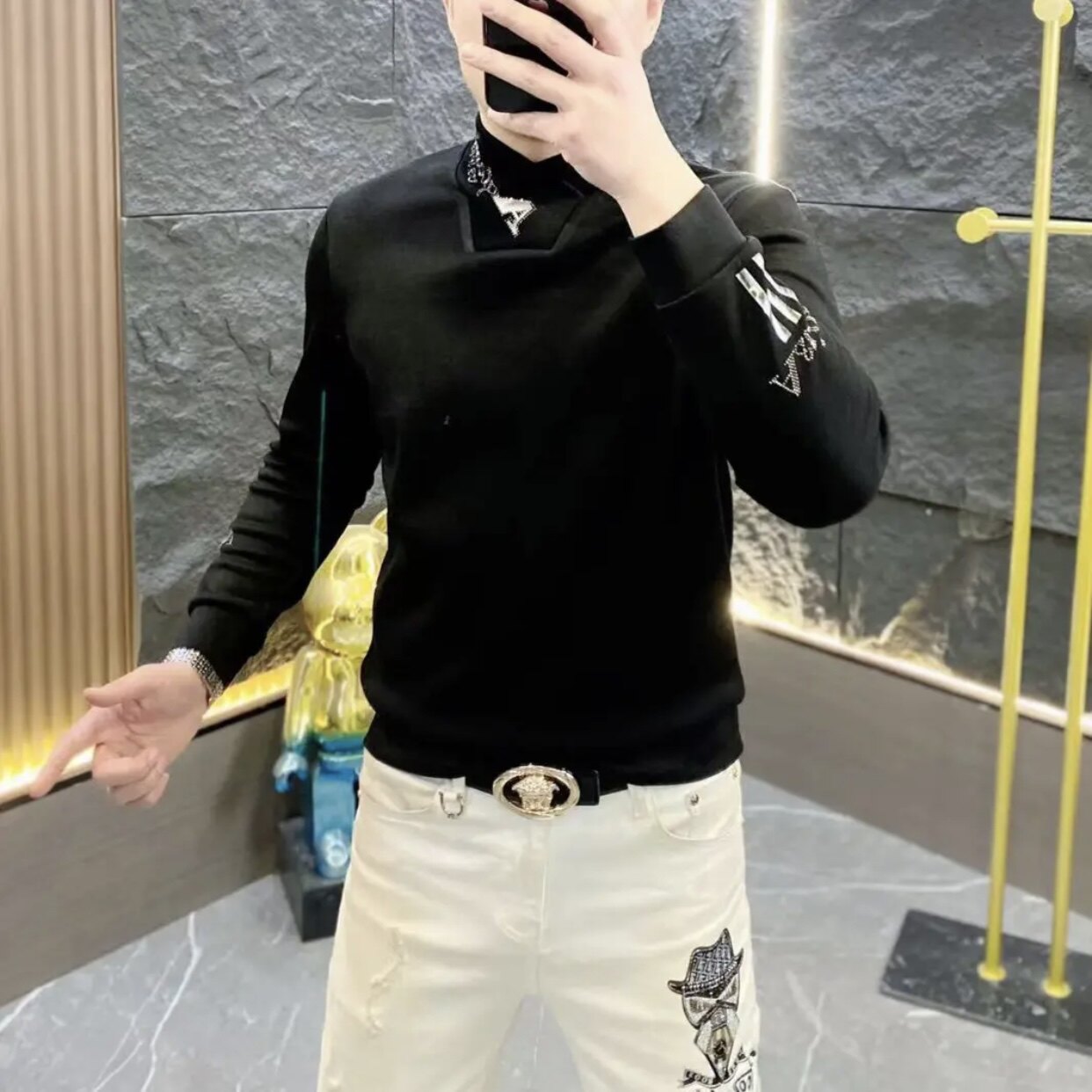 欧货站2023新款男士空气层加绒修身毛巾领打底卫衣型男潮个性男装