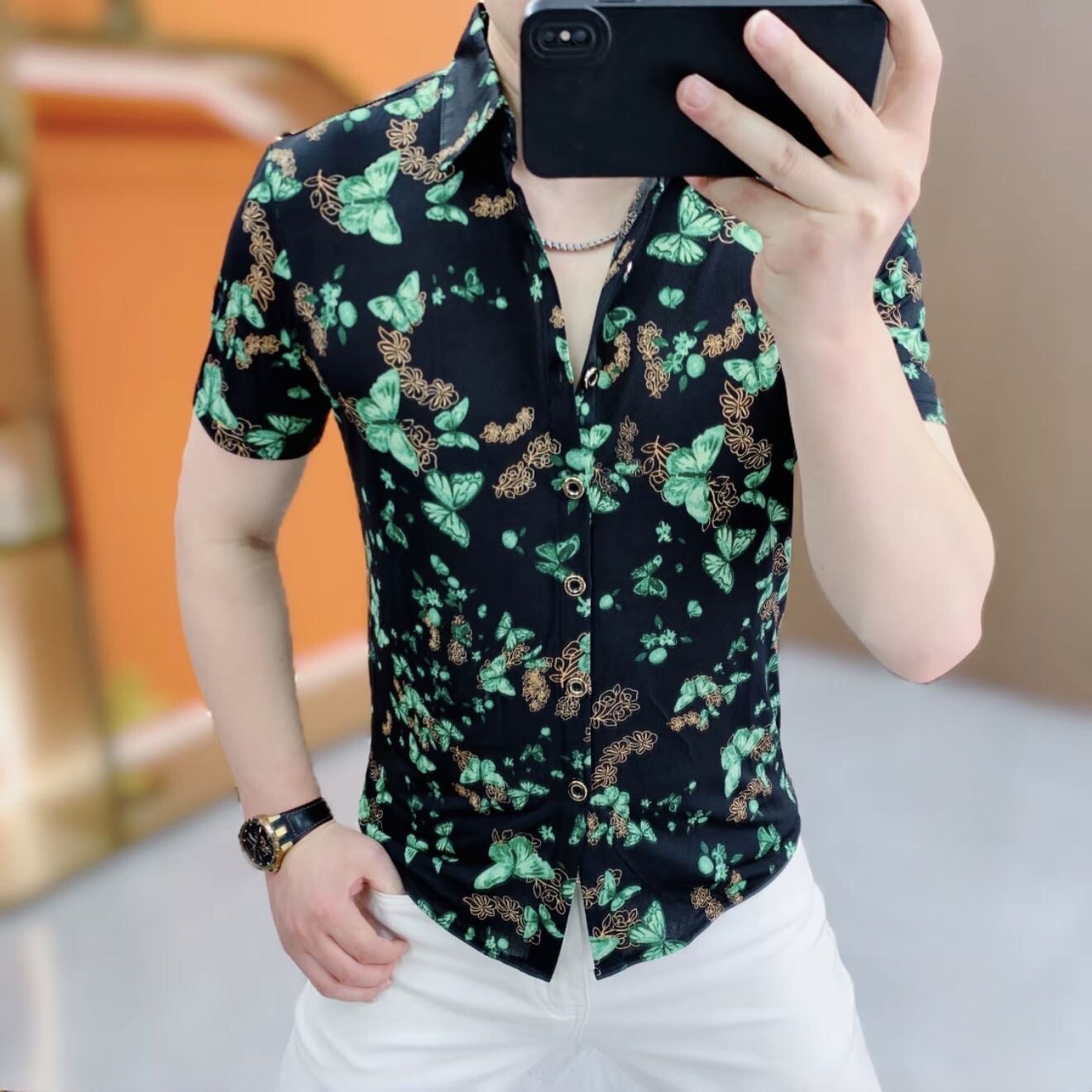 欧货夏季新款男士翻领冰丝印花网眼短袖衬衣时尚修身弹力个性上衣