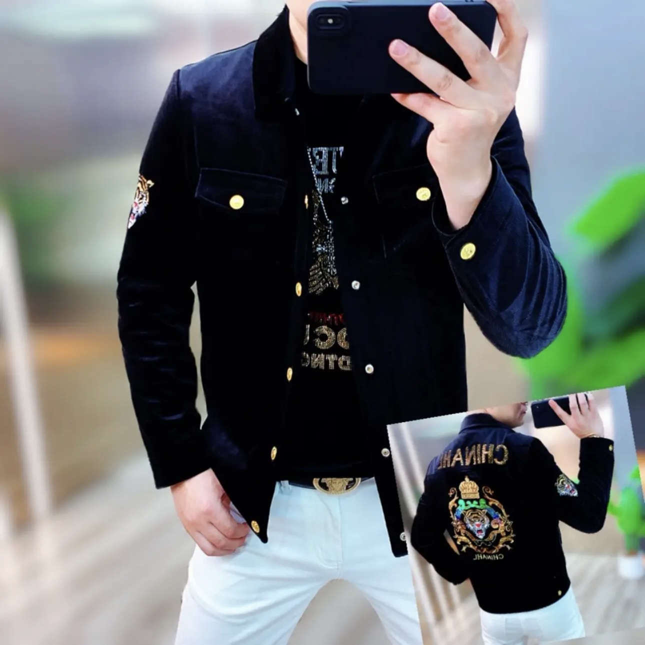 欧货冬季新款男士翻领丝绒绣花夹克外套时尚潮流百搭修身弹力上衣