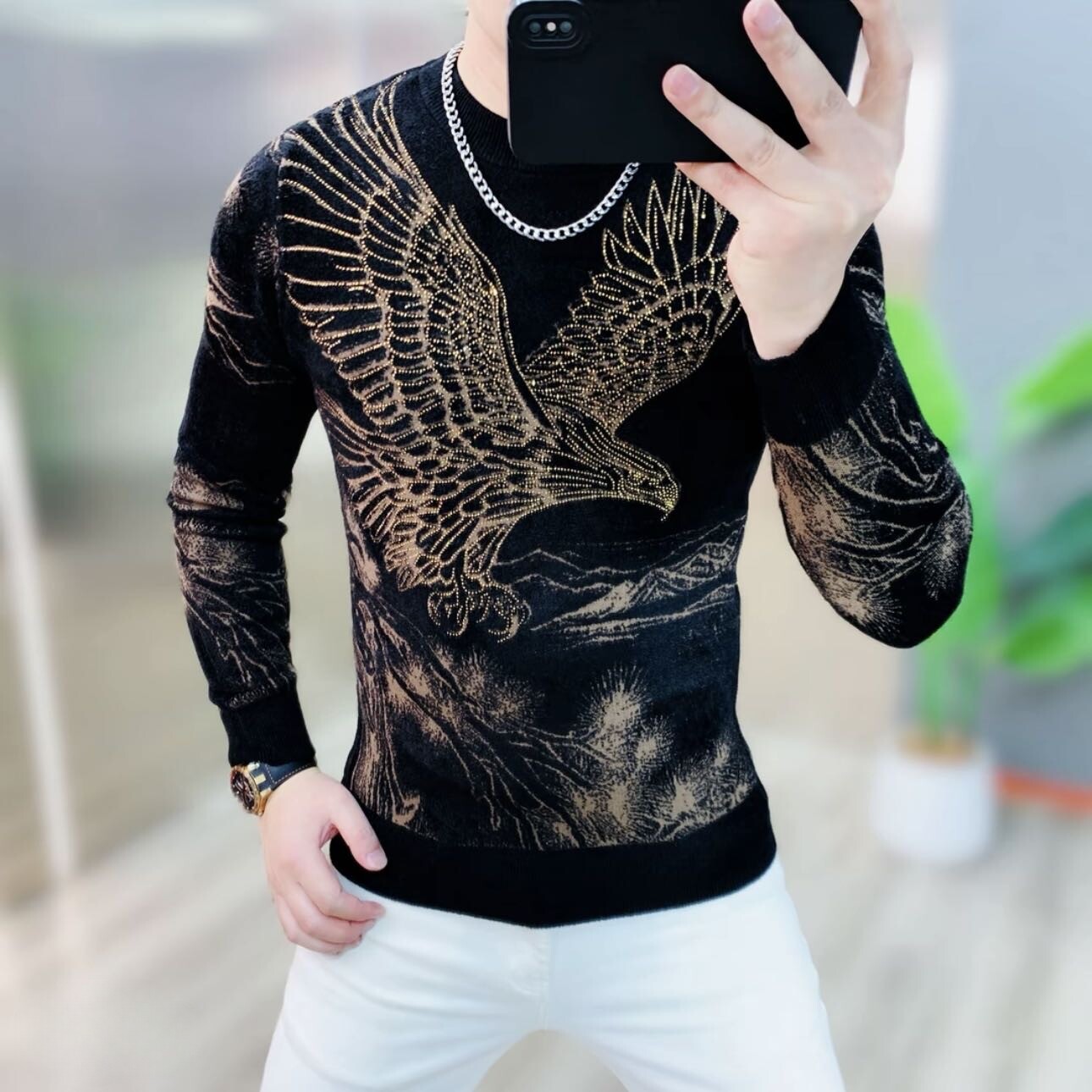 欧货冬季新款男士天鹅绒圆领烫钻毛衣时尚潮流百搭修身弹力上衣男