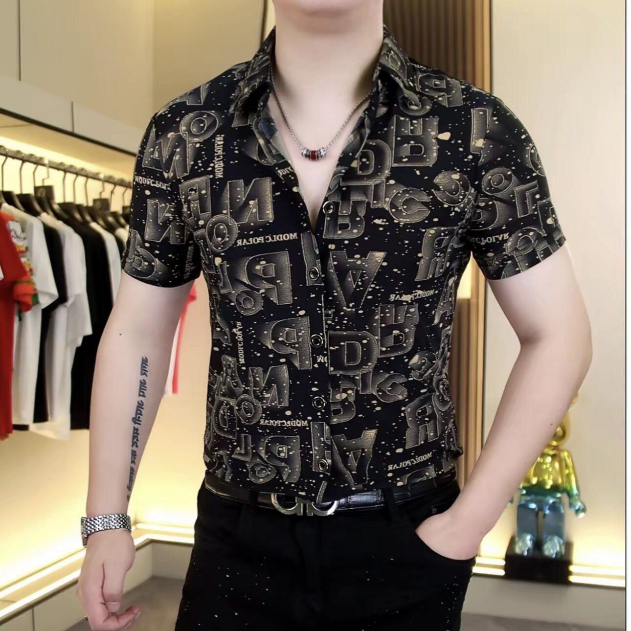 欧货夏季新款男士冰丝翻领短袖衬衫时尚修身弹力个性半袖型男上衣