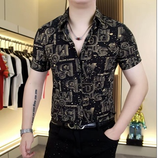 欧货夏季新款男士冰丝翻领短袖衬衫时尚修身弹力个性半袖型男上衣
