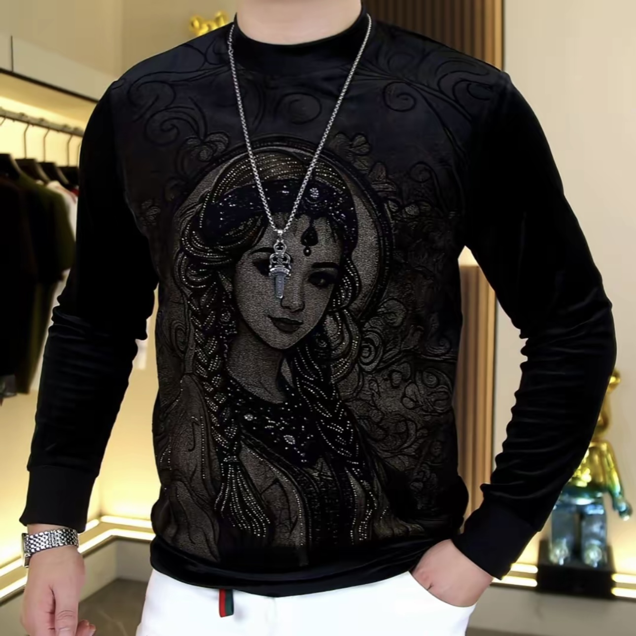 欧货秋季新款男士定位印花烫钻圆领长袖卫衣时尚修身弹力打底上衣