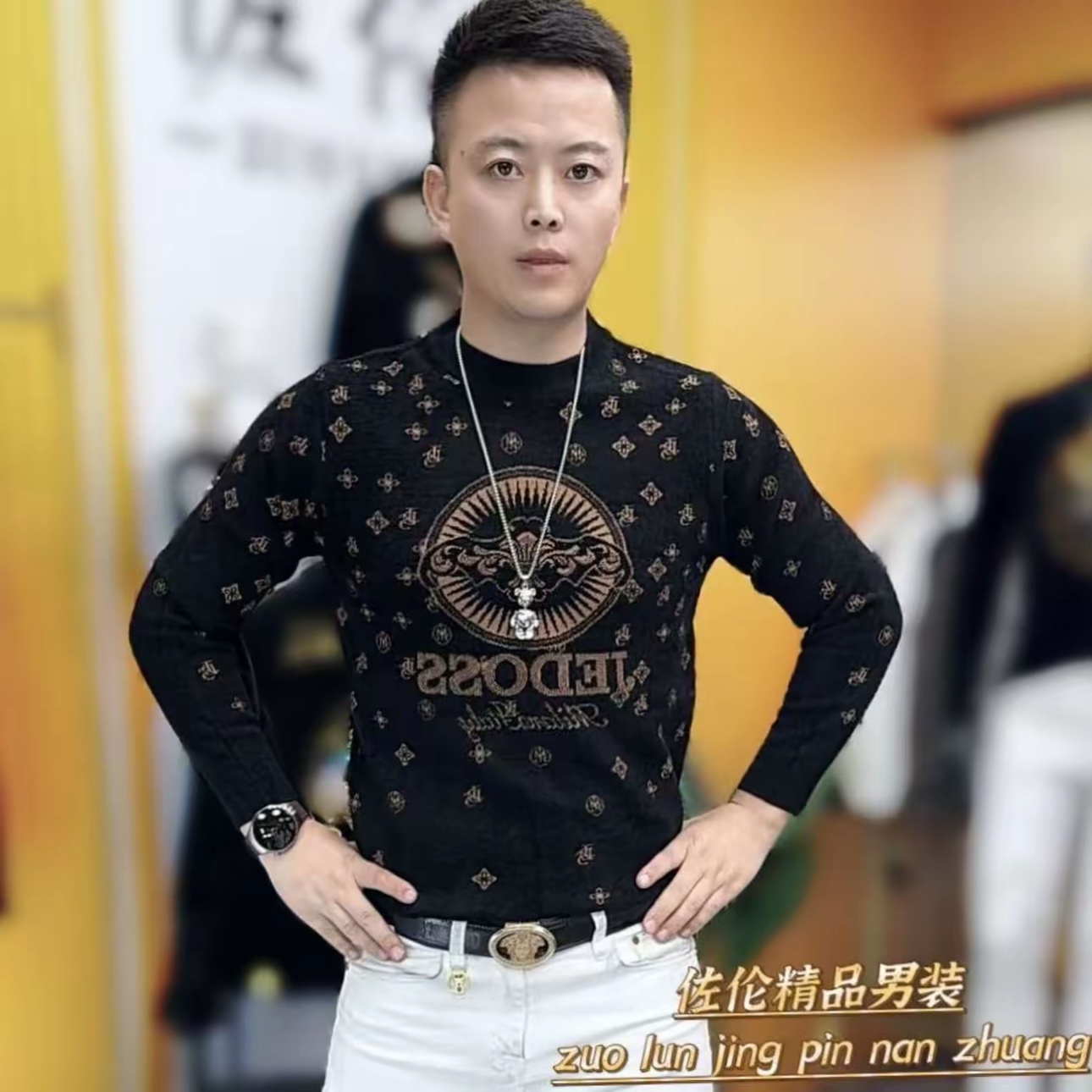 欧货冬季新款男士天鹅绒圆领提花烫钻针织毛衣时尚修身弹力上衣男