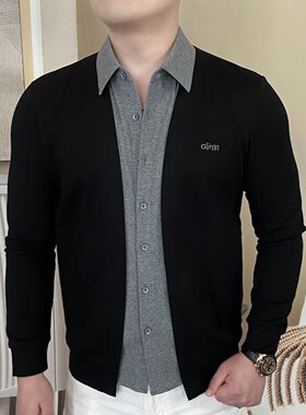 欧版男士秋季新款假两件长袖衬衫时尚修身弹力个性百搭休闲衬衣男