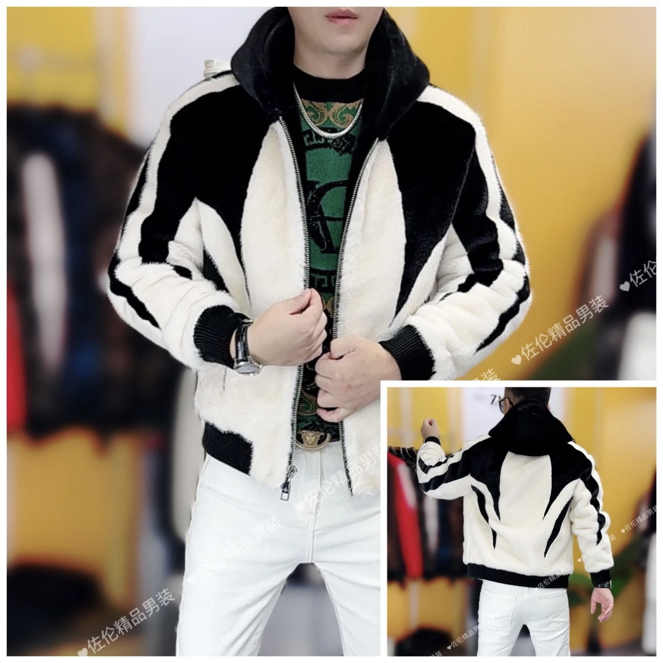 欧货站冬季新款男士仿貂绒皮草连帽拼色外套时尚修身保暖夹克男潮