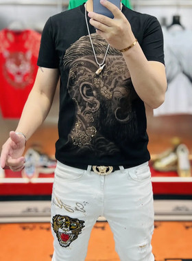 欧货站2024新款男士丝光棉6D水墨印花烫钻圆领修身弹力型男T恤男