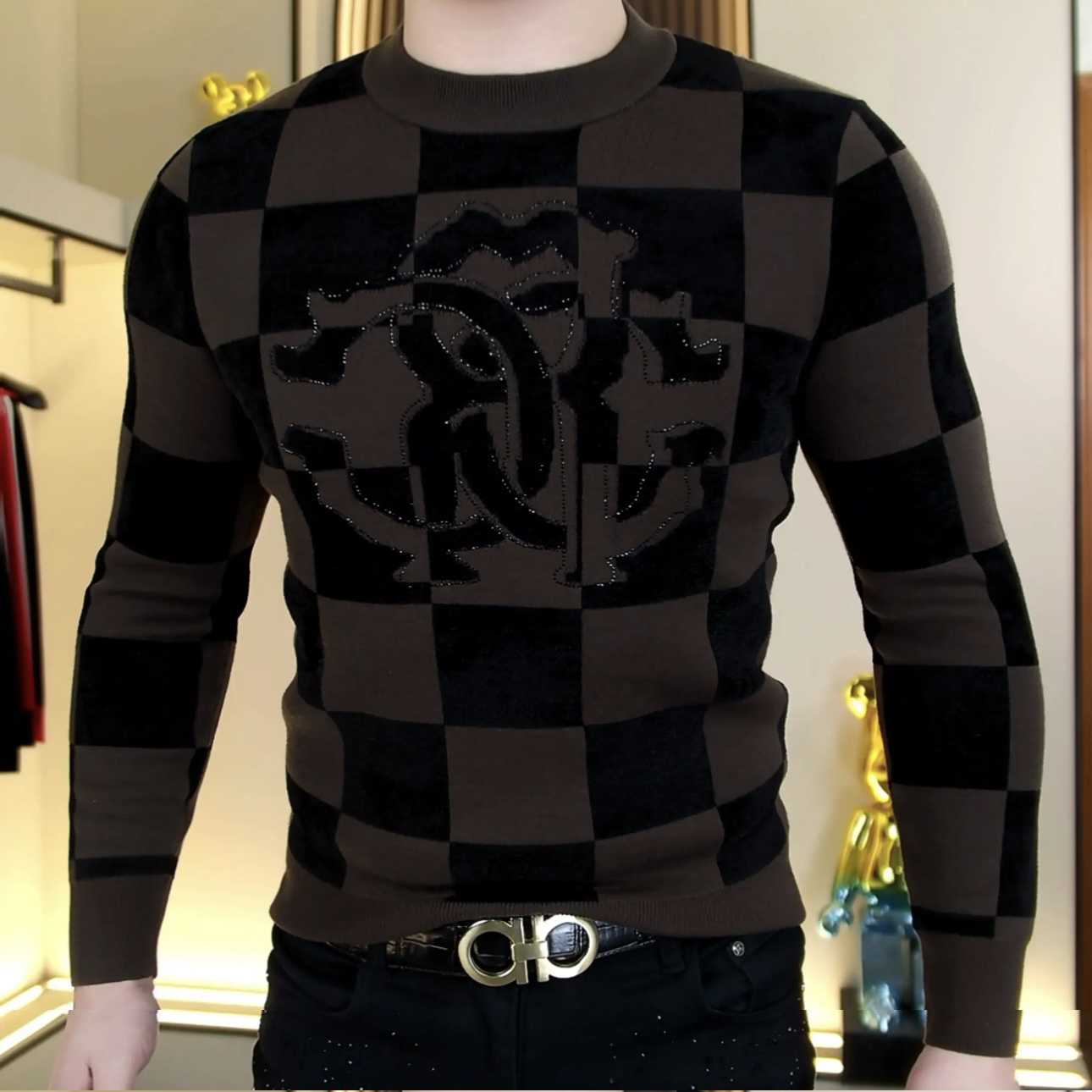 欧货新款男士方格针织提花烫钻修身毛衣时尚圆领修身弹力打底毛衣