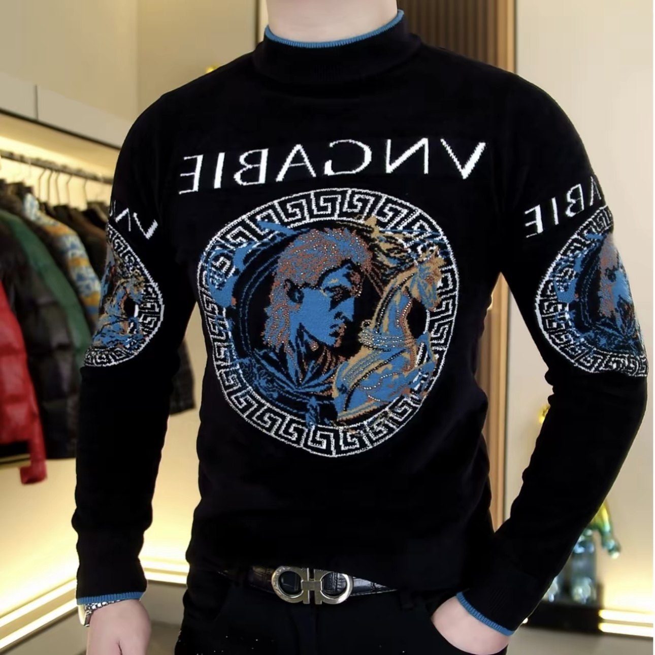 欧货冬季男士天鹅绒圆领针织提花烫钻毛衣时尚修身弹力打底上衣男