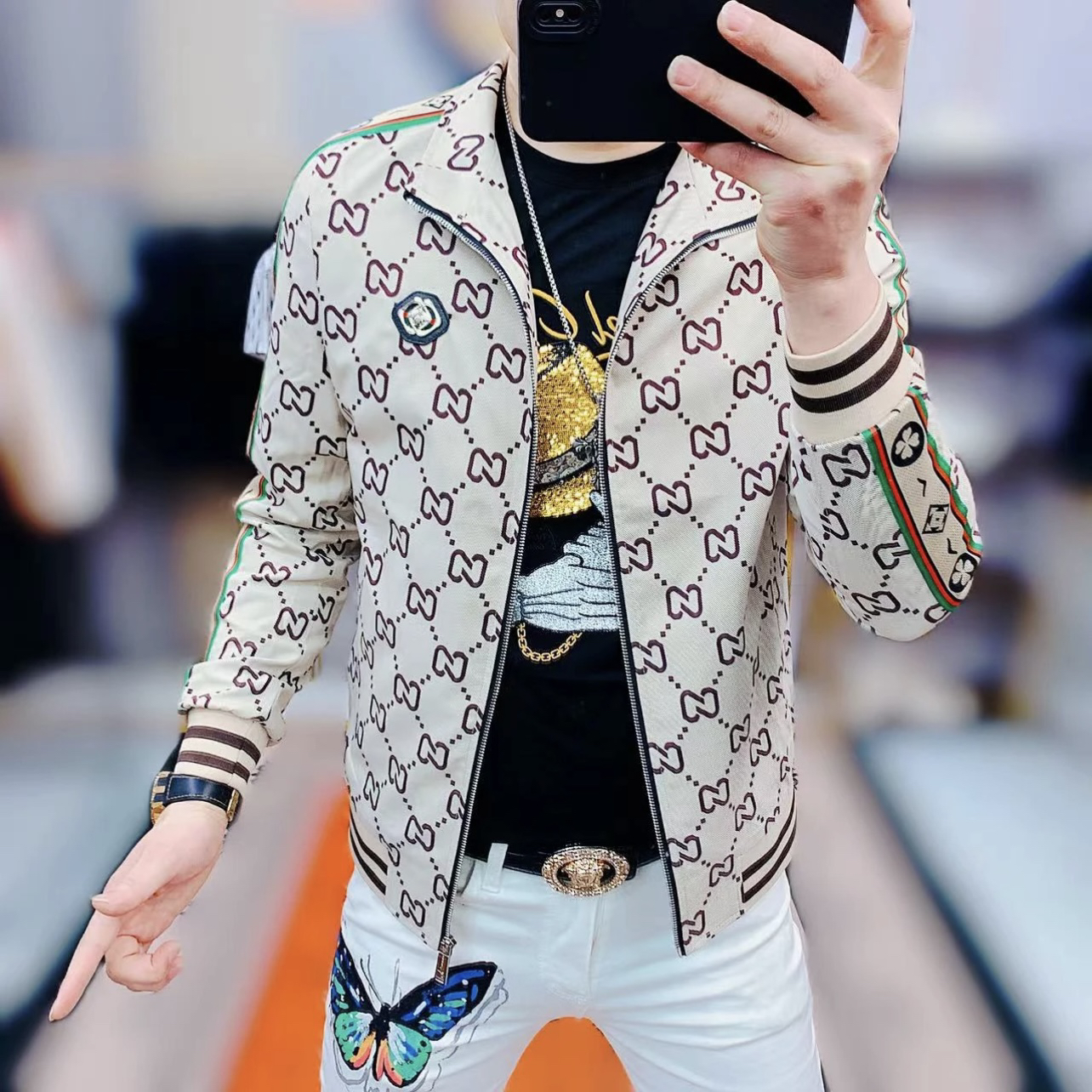 欧货站轻奢2024春季新品潮男贴织带相拼搭配时尚立领休闲夹克外套