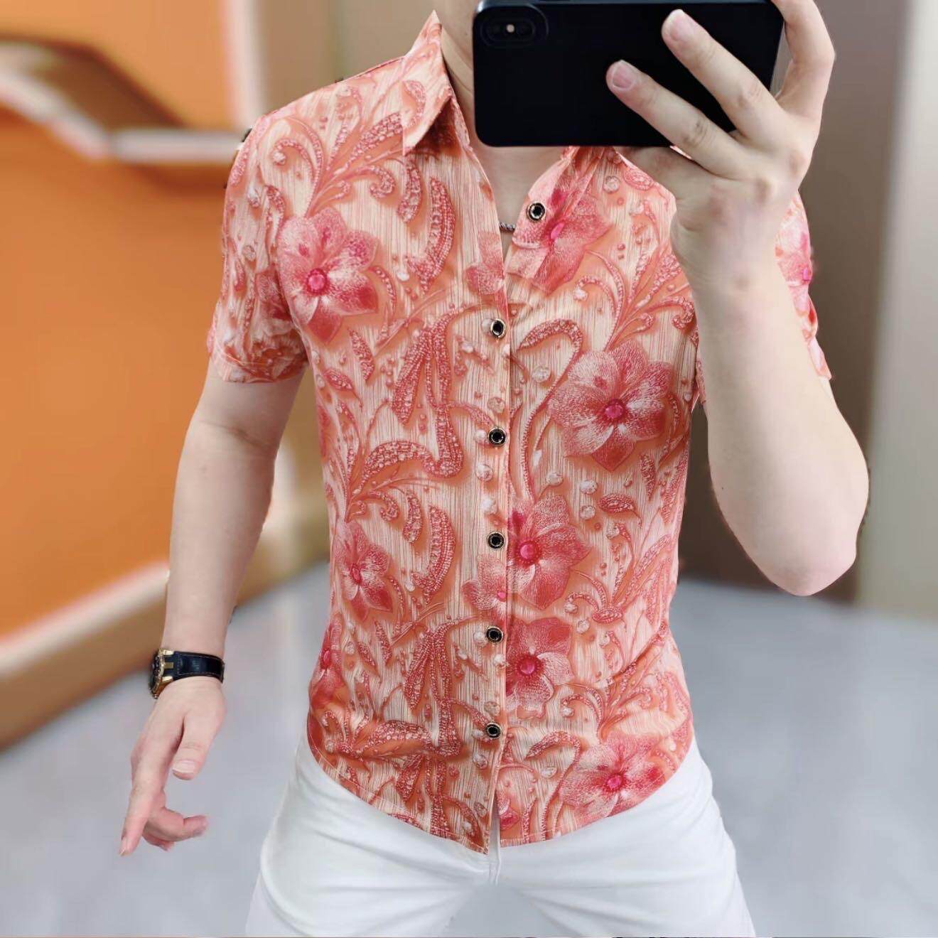 欧货夏季新款男士冰丝印花网眼短袖衬衣时尚修身弹力个性半袖上衣