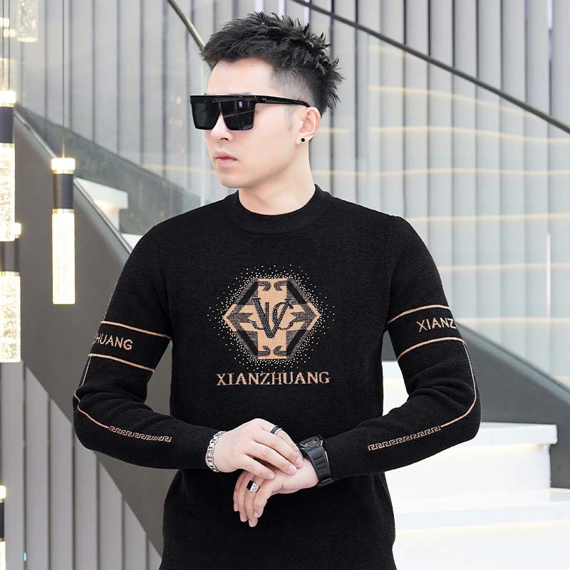 欧货冬季新款毛衣男士天鹅绒针织提花烫钻圆领青年修身弹力打底衫,男装,针织衫/毛衣,淘宝优惠券,粉丝福利购,淘宝优惠卷