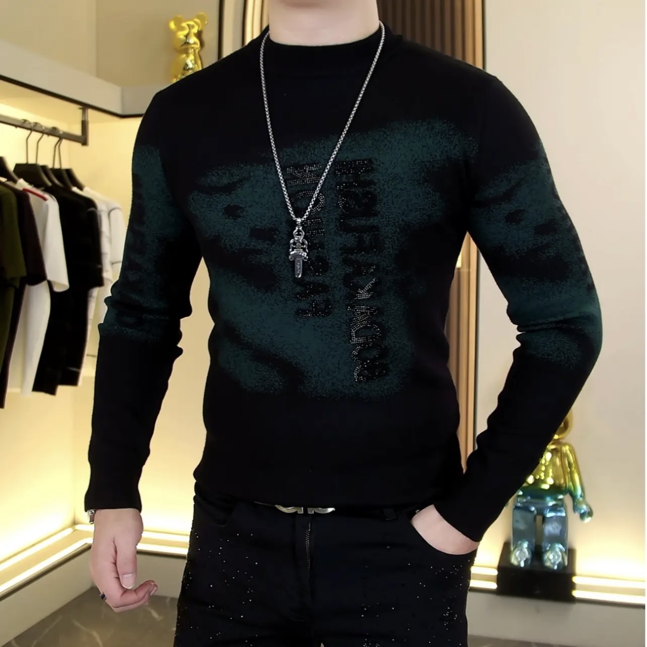 欧货秋冬新款男士天鹅绒提花圆领烫钻针织毛衣时尚百搭修身弹力男