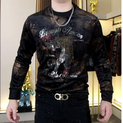 欧货站男士冬季卫衣加绒烫金亮片提花上衣圆领潮流长袖T恤打底男
