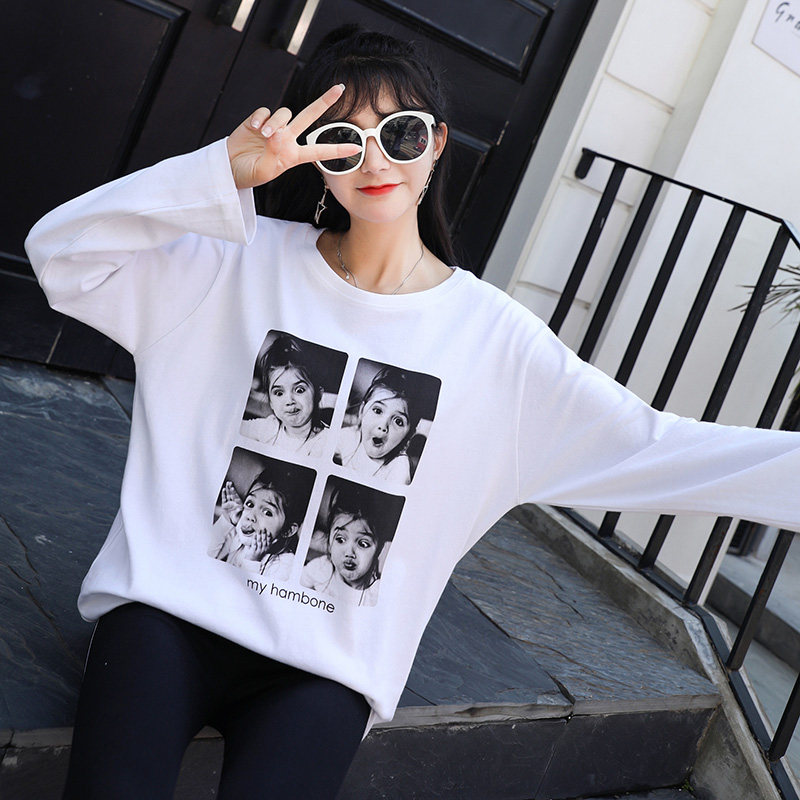 长袖t恤女2023新款白色宽松韩版纯棉圆领印花休闲百搭秋衣打底衫