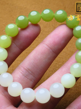 罕见方言和田玉精品青海料高透白玉翠色渐变色10mm白玉圆珠手串X7