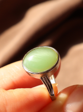 赢麻方言高品猫眼碧玉粉绿活猫眼银镶活口17MM可调节轻奢女戒指A2