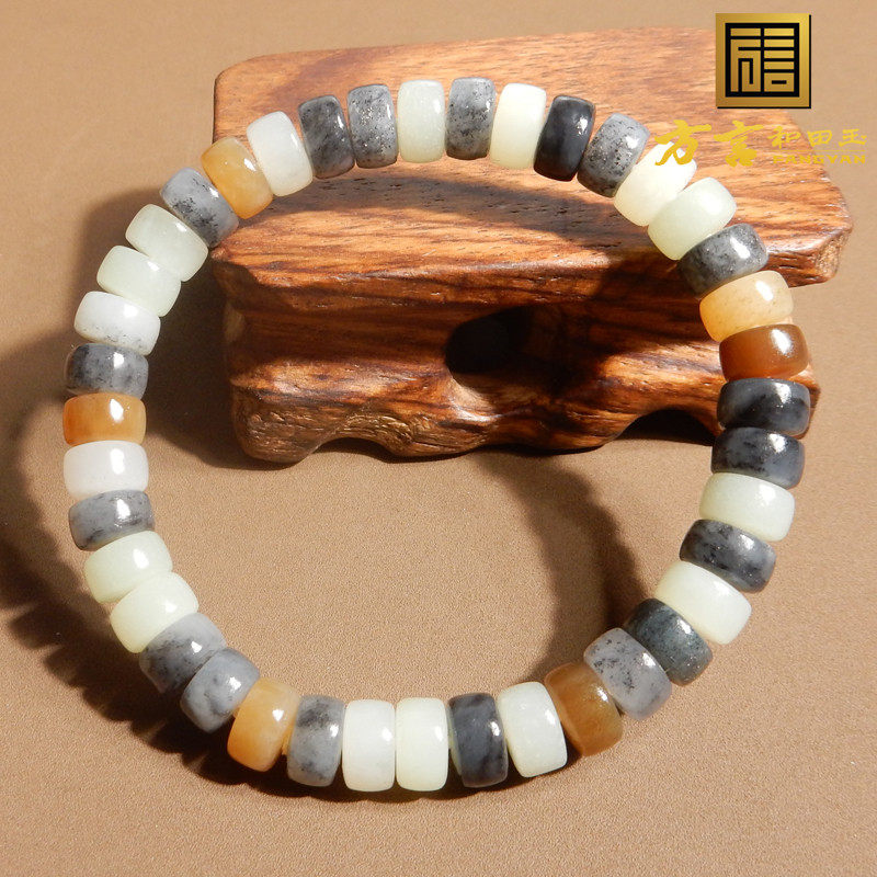 方言和田玉大漠古风楼兰三色且末糖青花籽料三彩8mm算盘珠手串A5