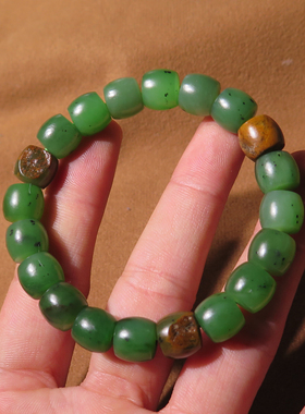 方言珍稀绿色名品新疆碧玉籽料留皮孔老型10mm菠菜绿色手串手链X5