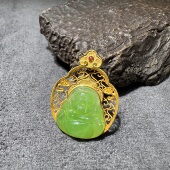 方言和田玉老坑俄料色标级苹果绿碧玉无黑点18K金豪镶佛公项坠S6
