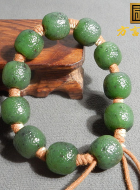 放漏方言品牌和田玉俄罗斯老坑料菠菜绿碧玉老型珠老光16mm手串R5
