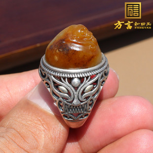 火爆方言和田玉新疆金包银黄沁白玉籽料银镶玉灵猴献寿戒指扳指A1