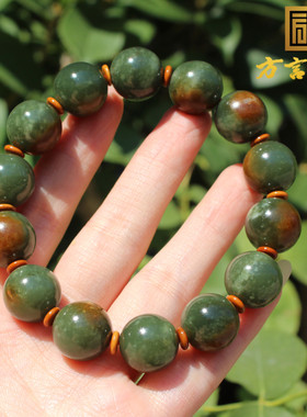 新疆玉黄沁皮特色河磨玉14mm手串