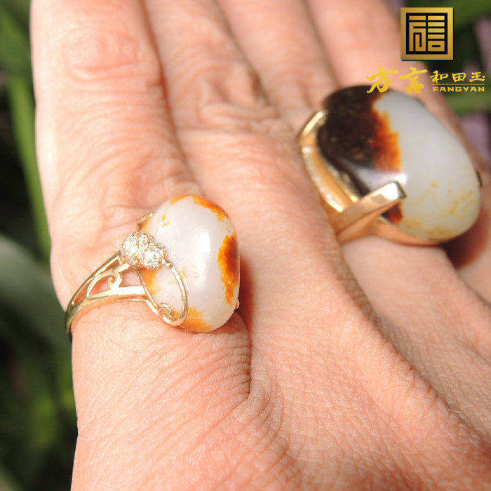 方言精品放大漏稀少聚红皮羊脂玉籽料镶真钻金镶玉女式豪华戒指R