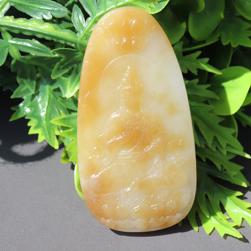 亏麻方言和田玉珍藏级新疆高油脂糯且末黄金糖白玉观音牌子吊坠A8