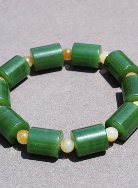 方言和田玉精品特色俄罗斯老坑料阳绿色碧玉15mm桶珠豪华手串A5