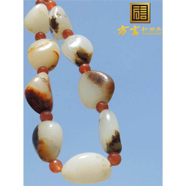 方言和田玉手串新疆玉龙河正宗无修高白羊脂玉籽料皮色精品手链F