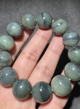 高品质方言和田玉老熟新疆玉龙河聚墨青花一线天特色16mm手串S