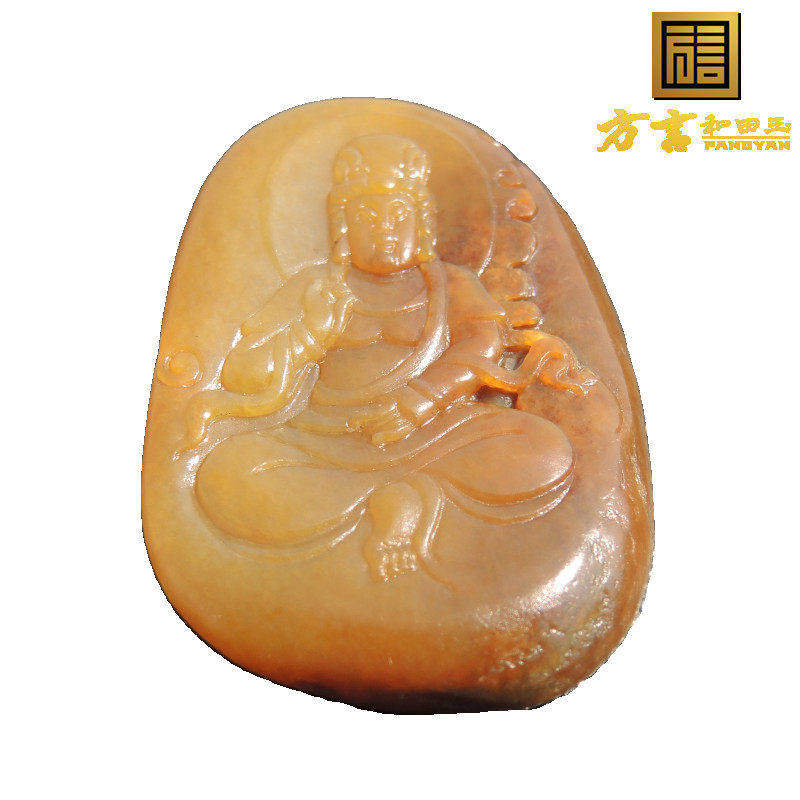 方言巨漏落双款罕见珍品独颗牌子型籽料红沁皮原生黄玉观音吊坠R