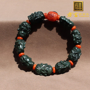 方言和田玉新疆老熟沙枣青苏工雕刻双面罗汉手链籽料手链手串A1