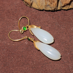 美滋滋方言和田玉精品佩戴好油润俄料白玉18K金镶玉耳环耳坠O