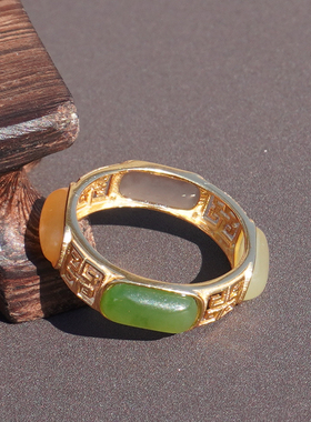 和田玉碧玉糖玉黄口多宝银镶戒指