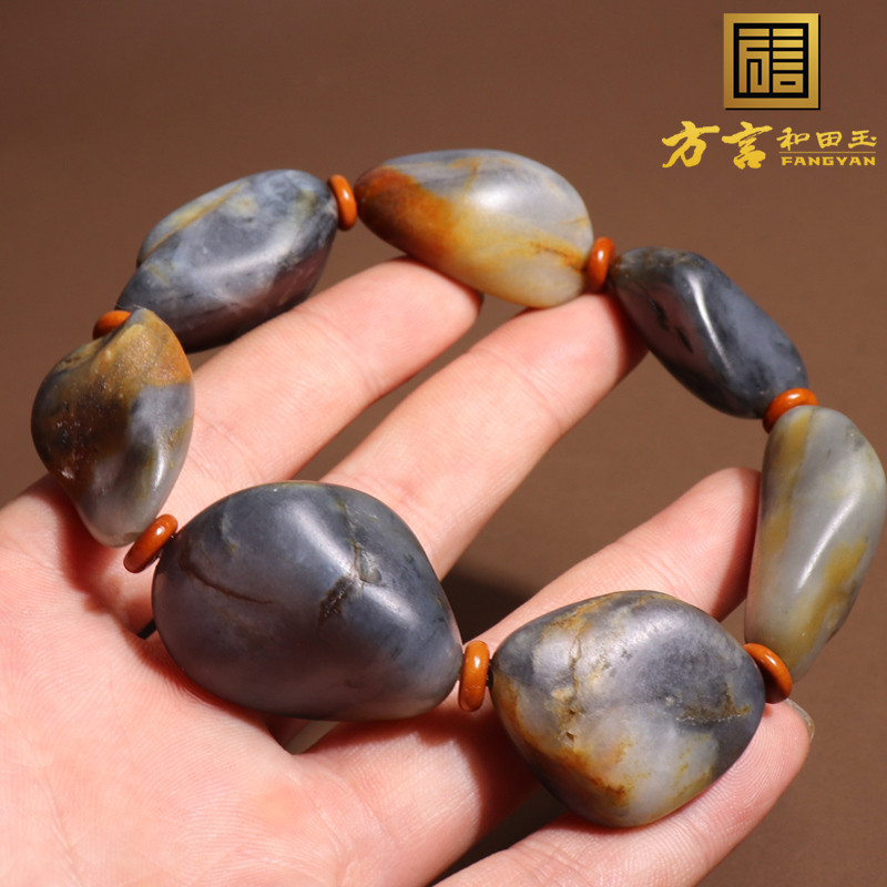 方言和田玉青花籽料原石独籽手串