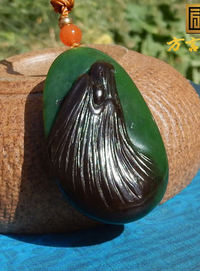 方言巨漏收藏级珍稀绿色名品玉俄碧玉菠菜绿玉巧雕鹰头吊坠挂件F