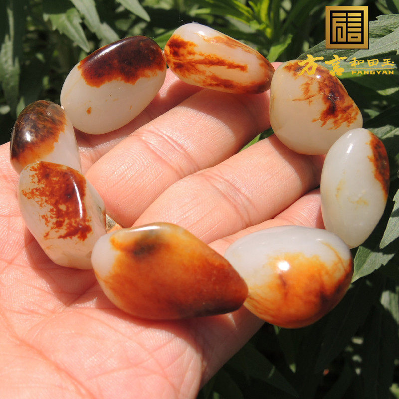 方言精品和田玉籽料手链子新疆高白红皮羊脂玉男款豪华原石手串f