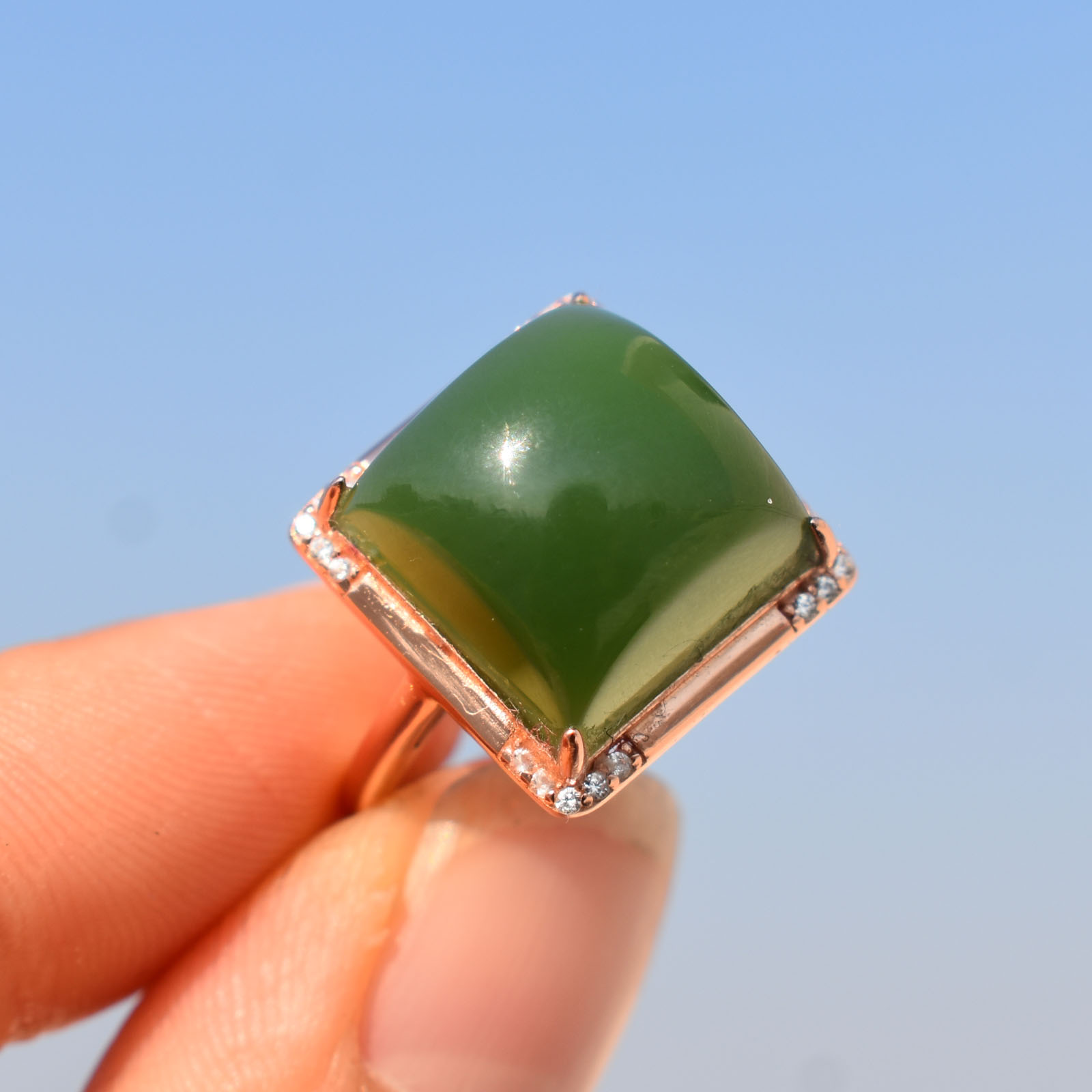 美滋滋方言和田玉精品佩戴温润俄料碧玉菠菜绿银镶玉可调节戒指R5