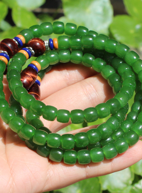 重磅罕见方言和田玉老俄料无黑点细润阳绿碧玉7mm项链多圈手串A6