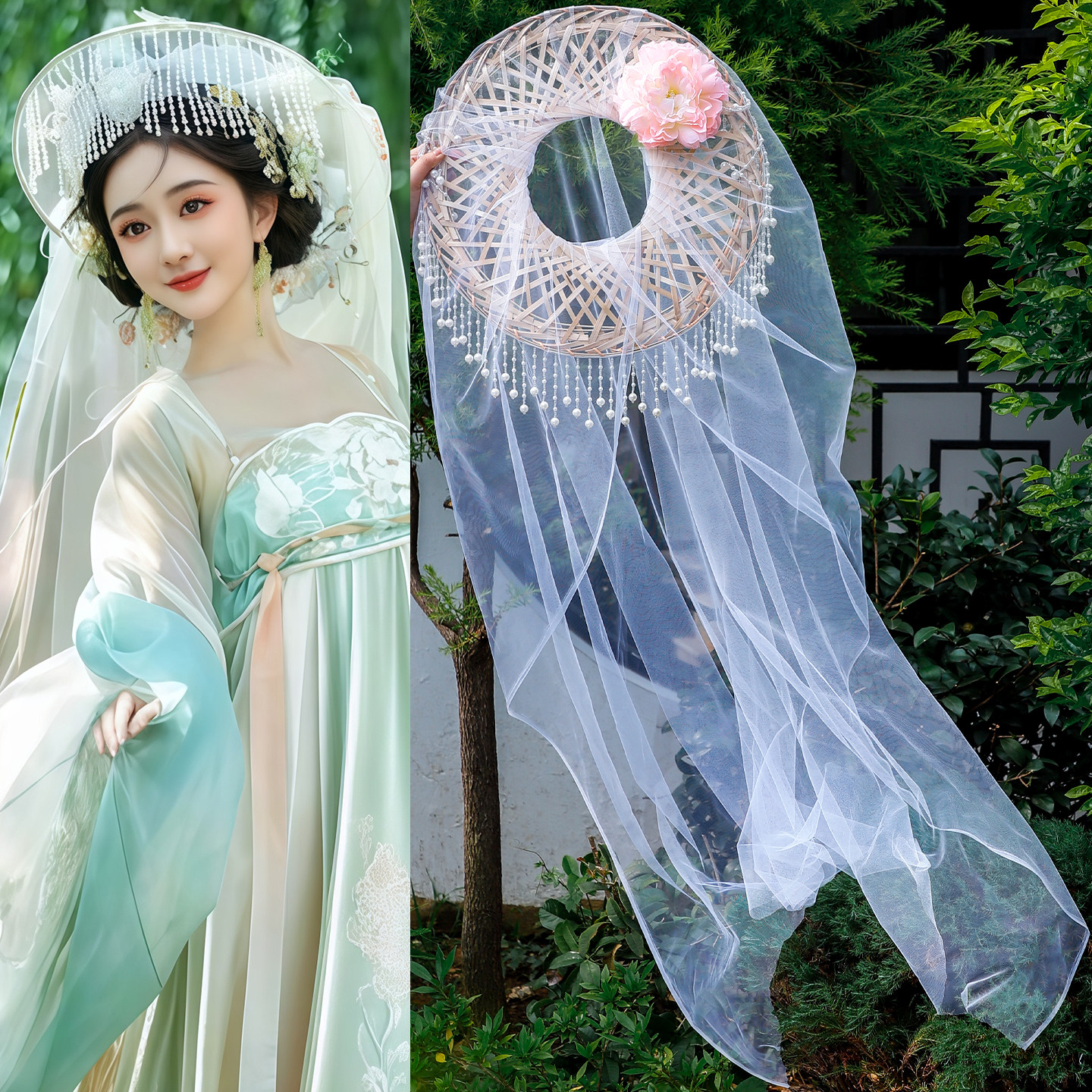 杨柳丝斗笠帷帽女古风汉服发饰仙气长流苏花朵百搭古装造型装饰女