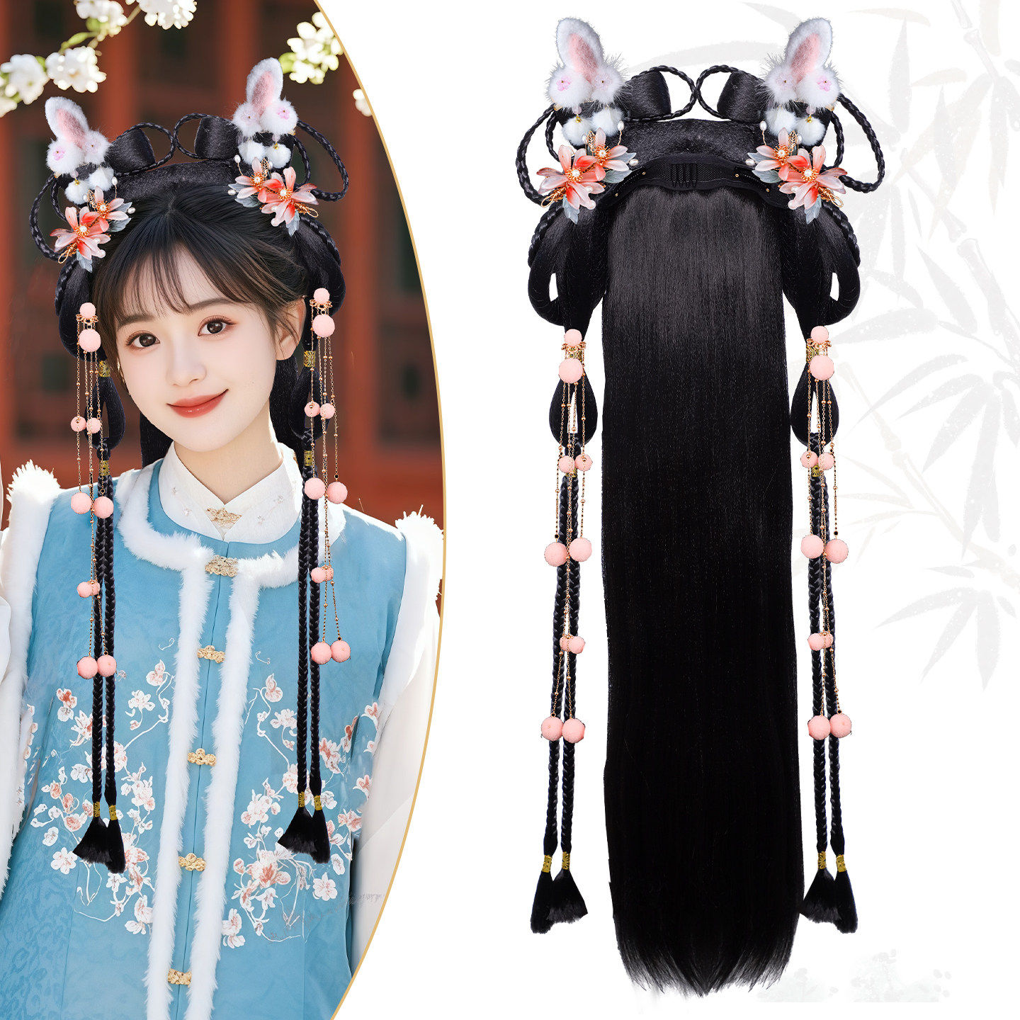 冬款毛绒球流苏造型假发包毛球蓝花汉服假发一体式发包古风头饰女,美发护发/假发,演出假发,淘宝优惠券,粉丝福利购,淘宝优惠卷