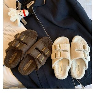 女外穿 懒人双扣带外穿百搭厚底毛毛勃肯拖鞋 羊皮版 葡萄妈同款